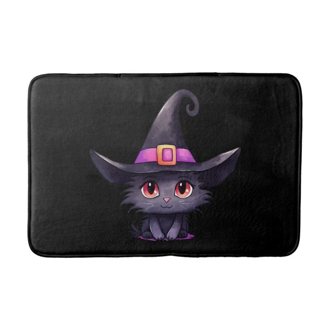 Cute Black Cat med ett Witch Hat Badrumsmatta (Framsidan)