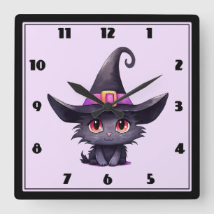 Cute Black Cat med ett Witch Hat Fyrkantig Klocka