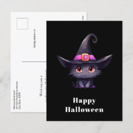 Cute Black Cat med ett Witch-Hat Halloween Helg Vykort