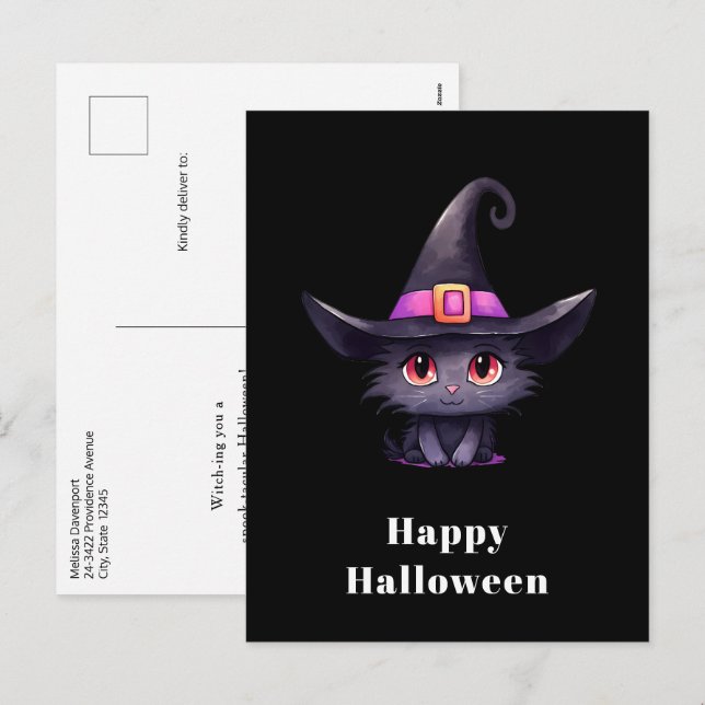 Cute Black Cat med ett Witch-Hat Halloween Helg Vykort (Fram/baksida)