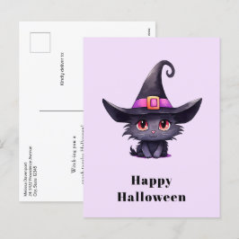 Cute Black Cat med ett Witch-Hat Halloween Helg Vykort