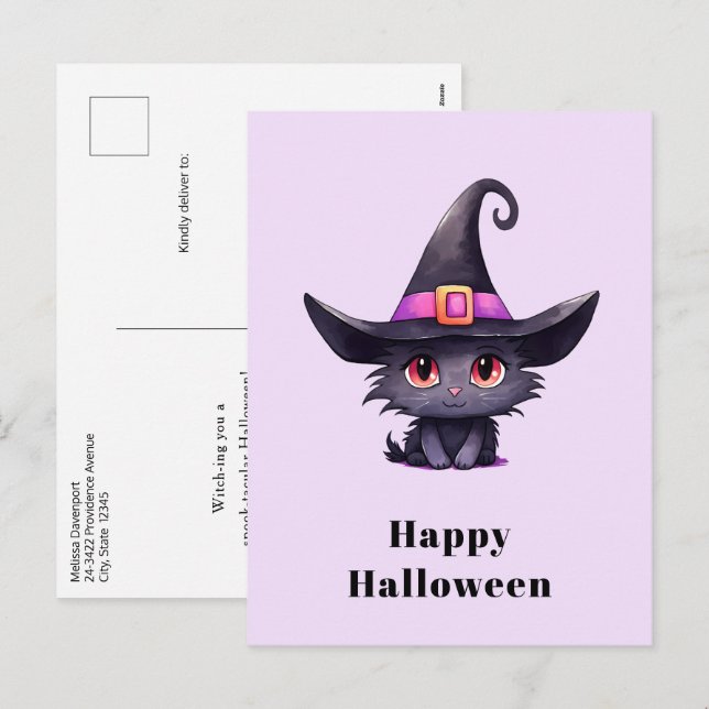 Cute Black Cat med ett Witch-Hat Halloween Helg Vykort (Fram/baksida)