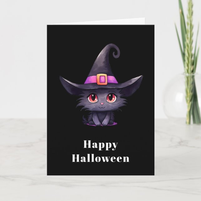 Cute Black Cat med ett Witch-Hat Halloween Helgkort (Framsida)
