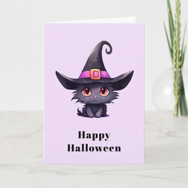 Cute Black Cat med ett Witch-Hat Halloween Helgkort (Framsida)