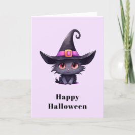 Cute Black Cat med ett Witch-Hat Halloween Helgkort
