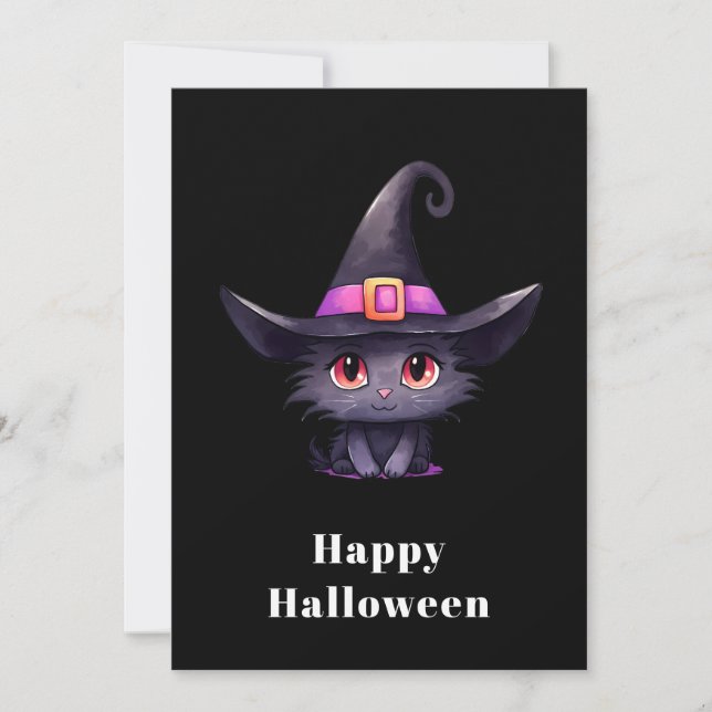 Cute Black Cat med ett Witch-Hat Halloween Julkort (Framsida)