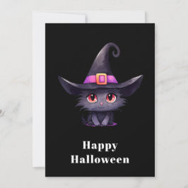 Cute Black Cat med ett Witch-Hat Halloween Julkort