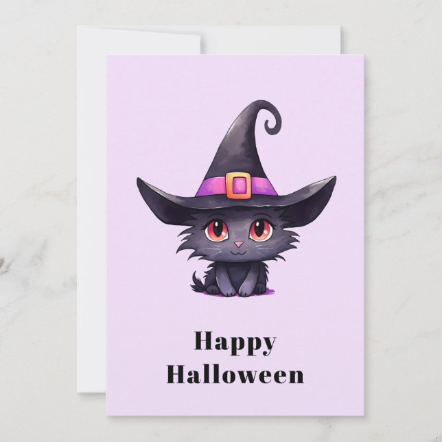 Cute Black Cat med ett Witch-Hat Halloween Julkort (Framsida)