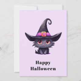 Cute Black Cat med ett Witch-Hat Halloween Julkort