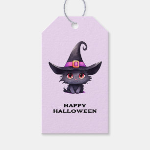 Cute Black Cat med ett Witch-Hat Halloween Presentetikett