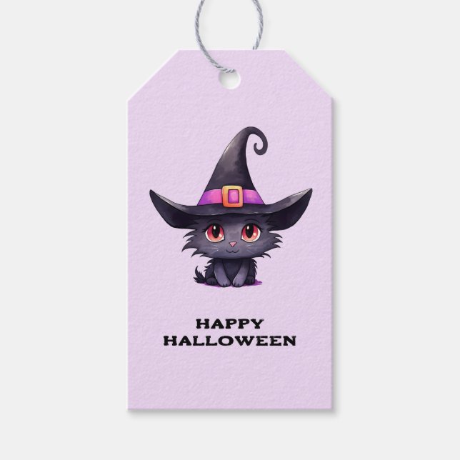Cute Black Cat med ett Witch-Hat Halloween Presentetikett (Framsidan)