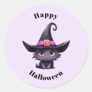 Cute Black Cat med ett Witch-Hat Halloween Runt Klistermärke
