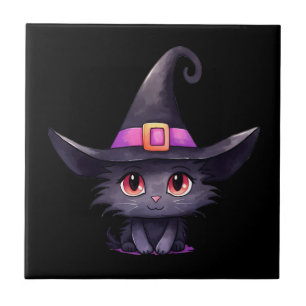 Cute Black Cat med ett Witch Hat Kakelplatta