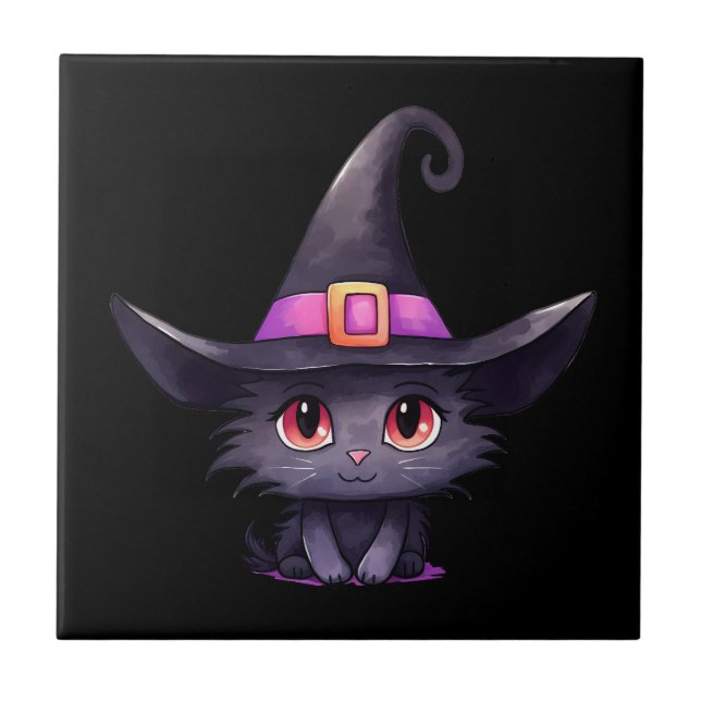Cute Black Cat med ett Witch Hat Kakelplatta (Framsidan)