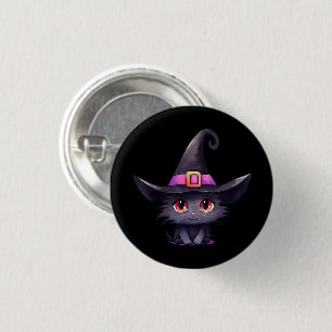 Cute Black Cat med ett Witch Hat Knapp