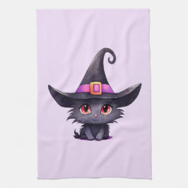 Cute Black Cat med ett Witch Hat Kökshandduk