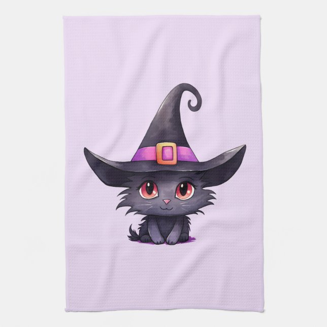 Cute Black Cat med ett Witch Hat Kökshandduk (Vertikal)