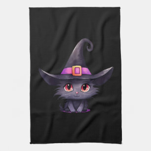 Cute Black Cat med ett Witch Hat Kökshandduk