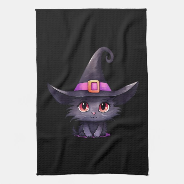Cute Black Cat med ett Witch Hat Kökshandduk (Vertikal)