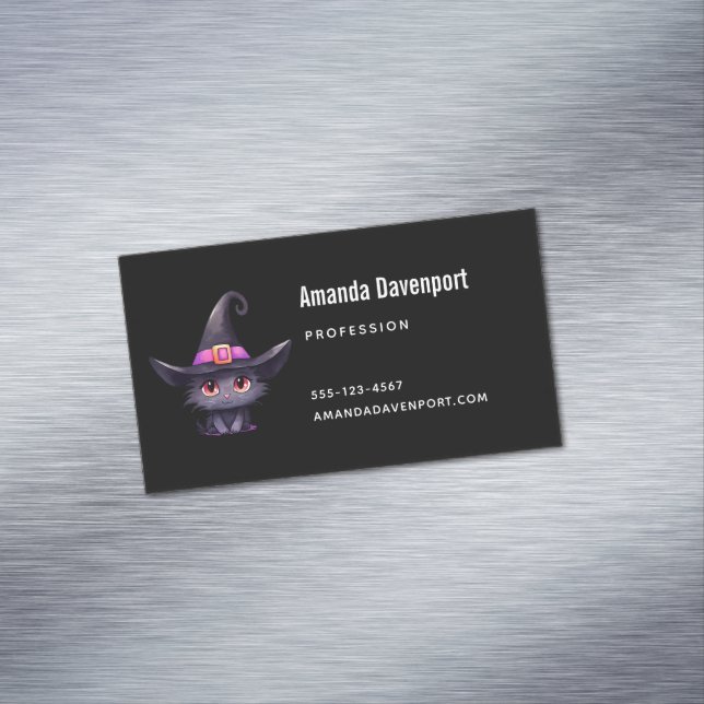 Cute Black Cat med ett Witch Hat Magnetiska Visitkort (In Situ)