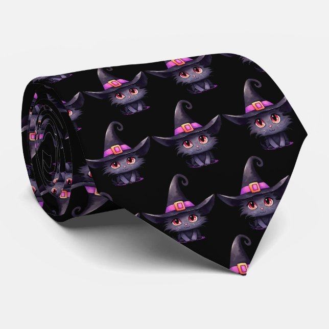 Cute Black Cat med ett Witch Hat Mönster Slips (Rullad)