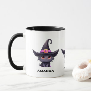 Cute Black Cat med ett Witch Hat Mugg