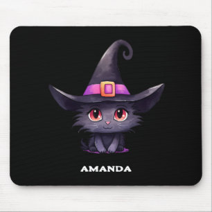 Cute Black Cat med ett Witch Hat Musmatta