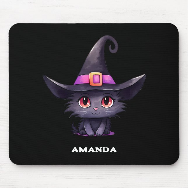 Cute Black Cat med ett Witch Hat Musmatta (Framsidan)