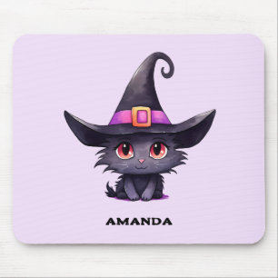 Cute Black Cat med ett Witch Hat Musmatta
