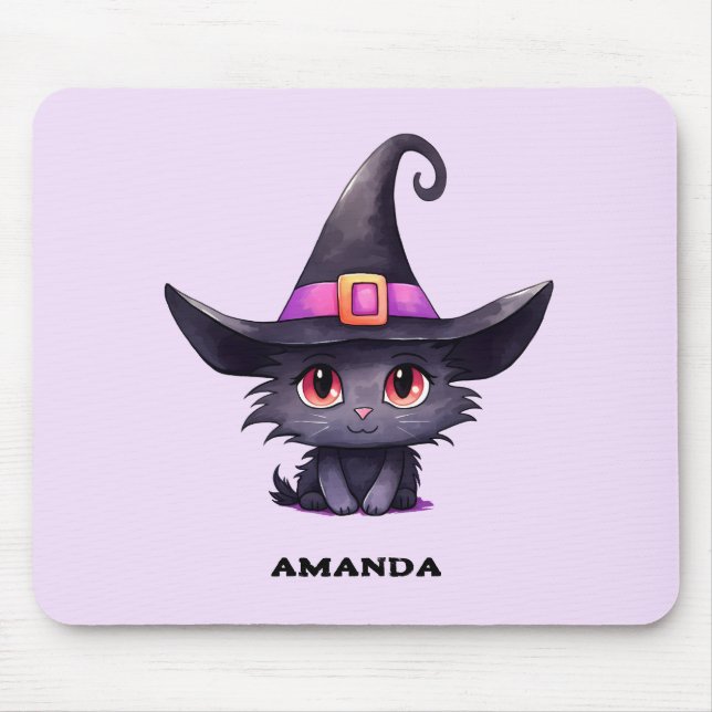 Cute Black Cat med ett Witch Hat Musmatta (Framsidan)