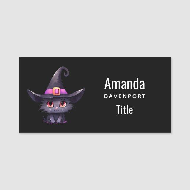 Cute Black Cat med ett Witch Hat Namnbricka (Framsida)