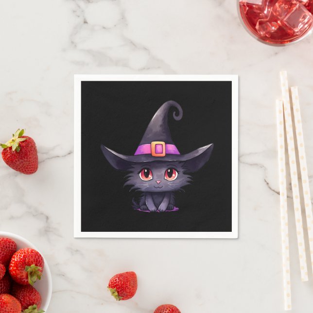 Cute Black Cat med ett Witch Hat Pappersservett (Insitu)