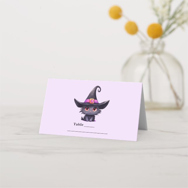 Cute Black Cat med ett Witch Hat Placeringskort (Framsida)
