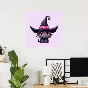 Cute Black Cat med ett Witch Hat Poster