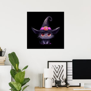 Cute Black Cat med ett Witch Hat Poster