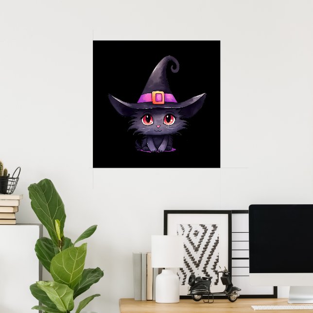 Cute Black Cat med ett Witch Hat Poster (Hemmakontoret)