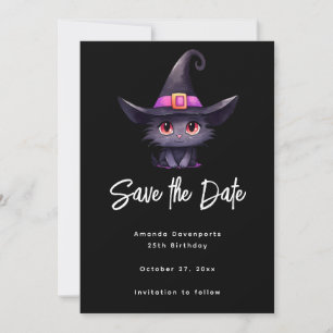 Cute Black Cat med ett Witch Hat Spara Datumet