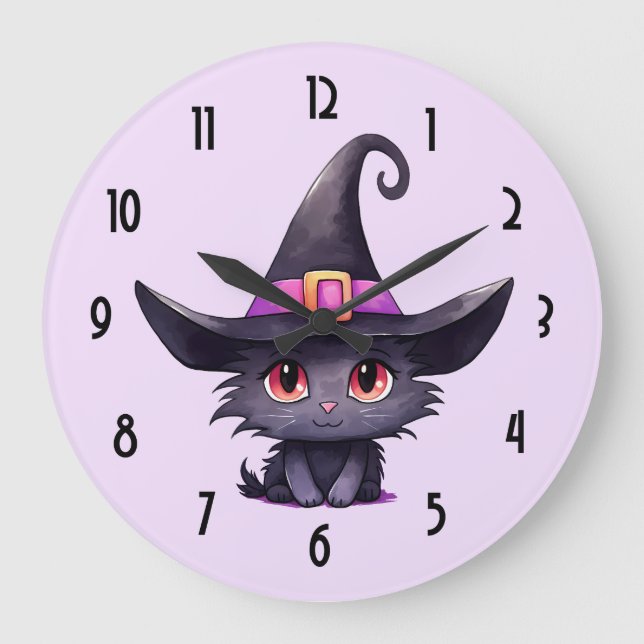 Cute Black Cat med ett Witch Hat Stor Klocka (Framsida)