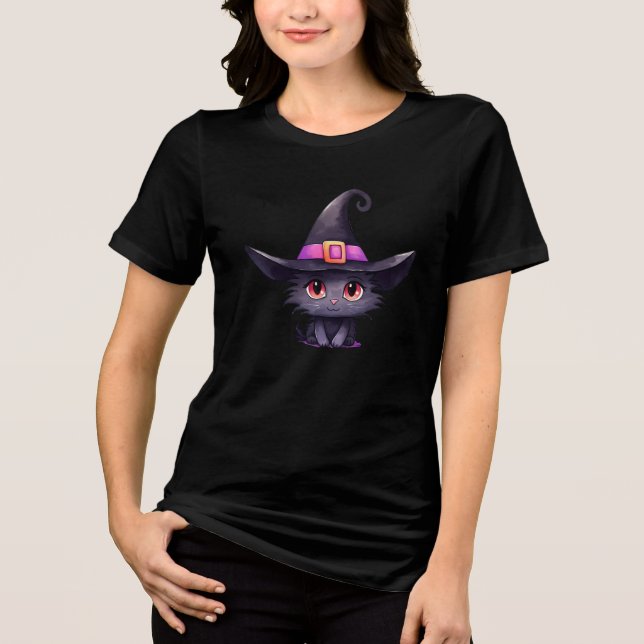 Cute Black Cat med ett Witch Hat T Shirt (Framsida)