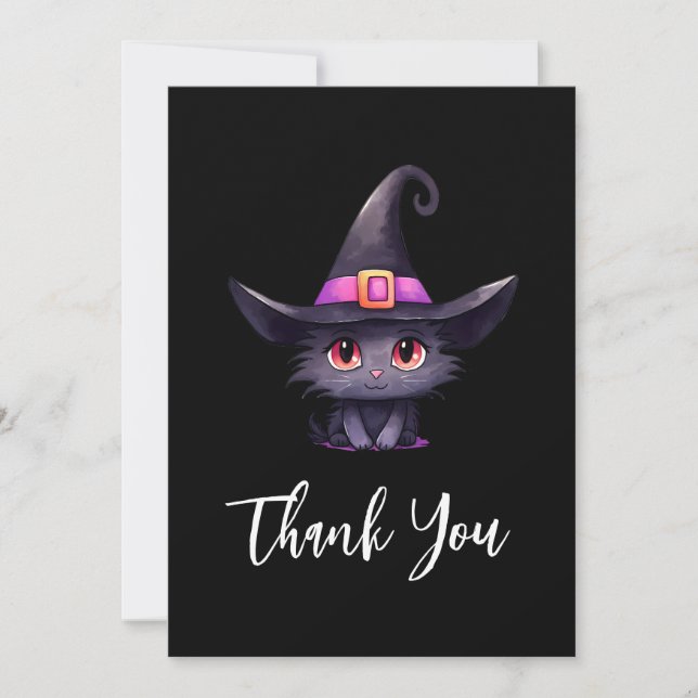 Cute Black Cat med ett Witch Hat Tack Kort (Framsida)