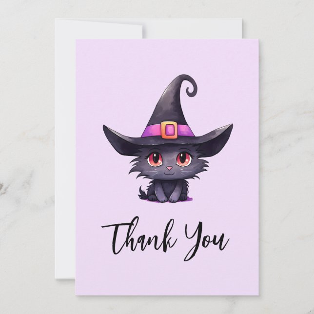 Cute Black Cat med ett Witch Hat Tack Kort (Framsida)
