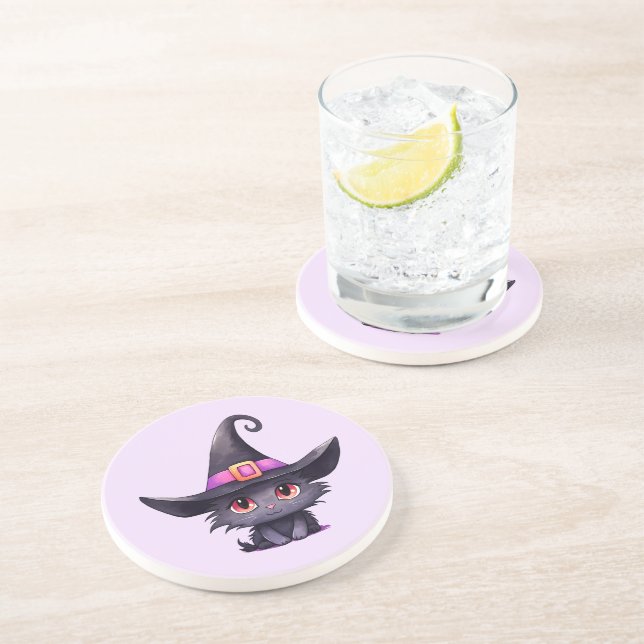 Cute Black Cat med ett Witch Hat Underlägg (Sidan)