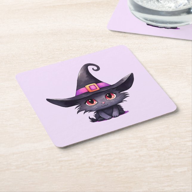 Cute Black Cat med ett Witch Hat Underlägg Papper Kvadrat (Vinklad)