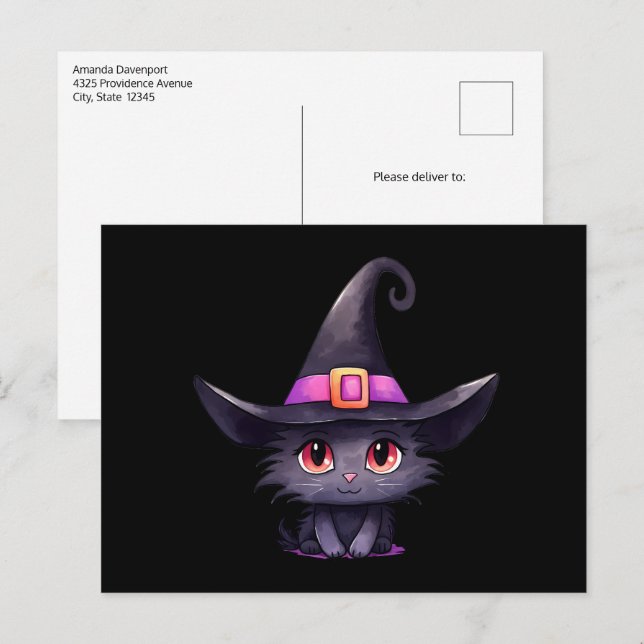 Cute Black Cat med ett Witch Hat Vykort (Fram/baksida)