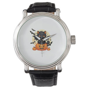 Cute Black Cat med Fladdermus Vingar Pumpkin Women Armbandsur