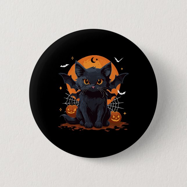 Cute Black Cat med Fladdermus Vingar Pumpkin Women Knapp (Framsida)