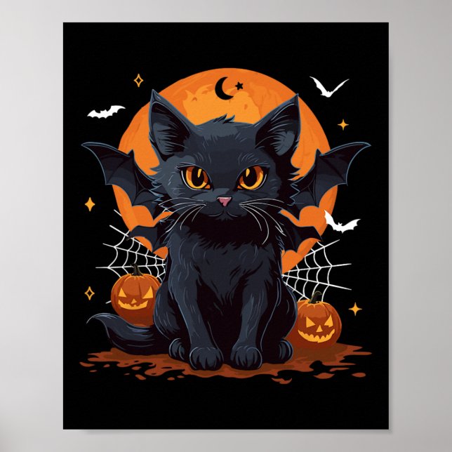 Cute Black Cat med Fladdermus Vingar Pumpkin Women Poster (Framsidan)