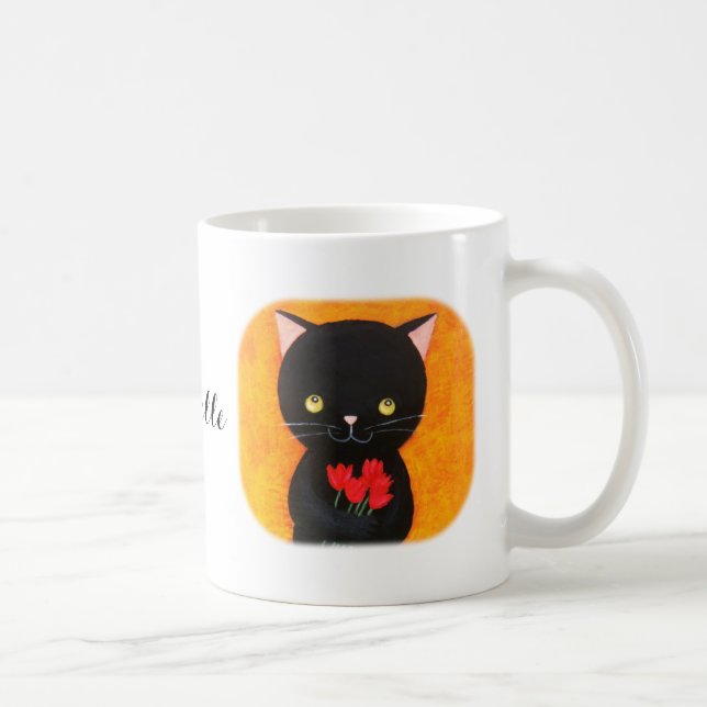 Cute Black Cat med Flowers Cat Lover eget namn Kaffemugg (Höger)