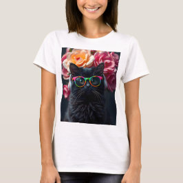 Cute Black cat med glasögon och hörlurar T Shirt