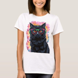 Cute Black cat med glasögon och hörlurar T Shirt